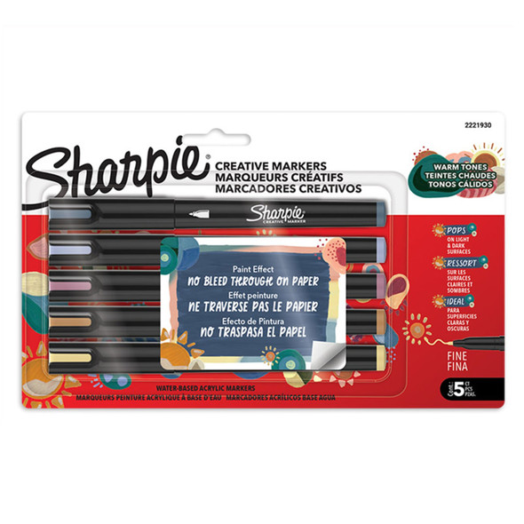 Creative Acrylic Markers, Fine Tip, Warm Tone Colors, 5 Count