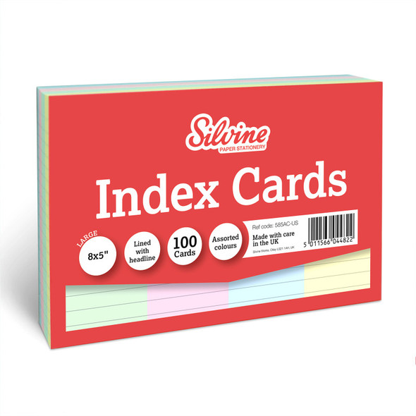 Lined Index Cards with Headline, 8 x 5 Inches, Assorted Colors, 100 Cards