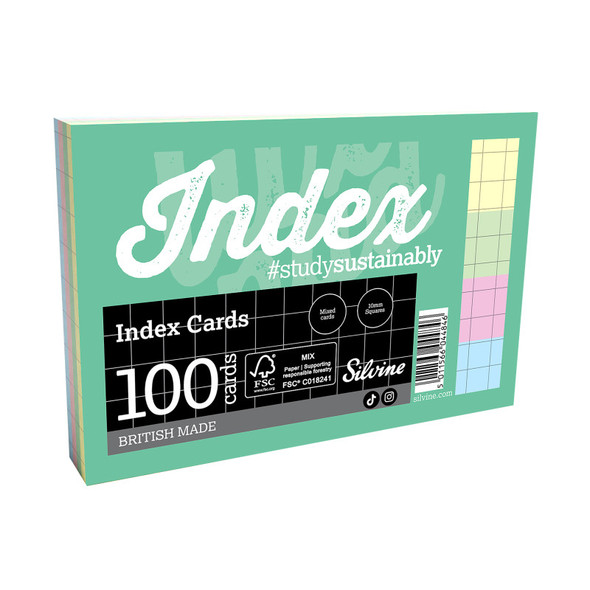 Square Grid Index Cards, 6 x 4 Inches, 4 Assorted Colors, 100 Cards