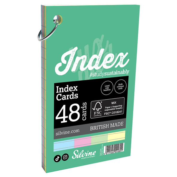 Ring-Bound Lined Index Cards, Portrait, 5 x 3 Inches, 4 Assorted Colors, 48 Cards