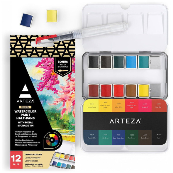 Watercolor Half-Pan Paint Set with Mixing Tray, 12 Assorted Colors