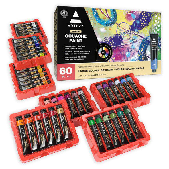 Gouache Paint Set with 60 Assorted Matte Colors, 12 mL Tubes