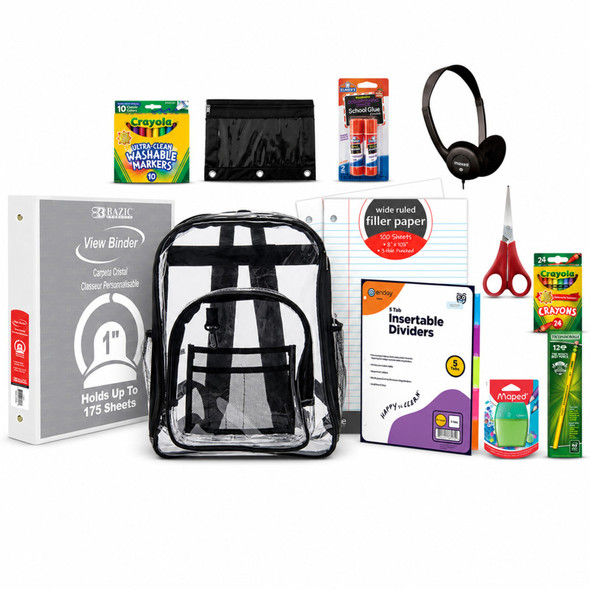 Grades 4-6 Back to School Supply Kit with Clear Backpack, Binder, Headphones, Writing, Art & Organization Supplies