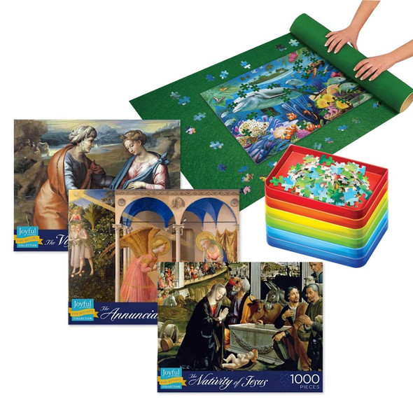 Bible Art Study Puzzle Kit, Religious Art Puzzles with Sorting Trays & Rolling Puzzle Mat