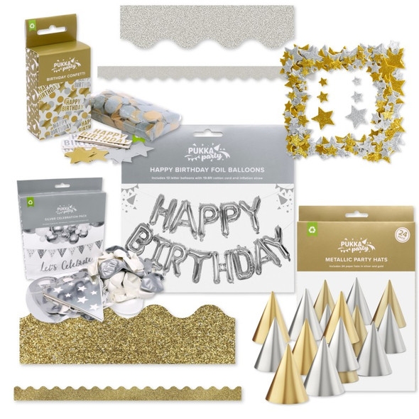 Metallic Shimmer Party Kit, Silver & Gold Birthday Decorations, Balloons, Hats, Confetti & Borders