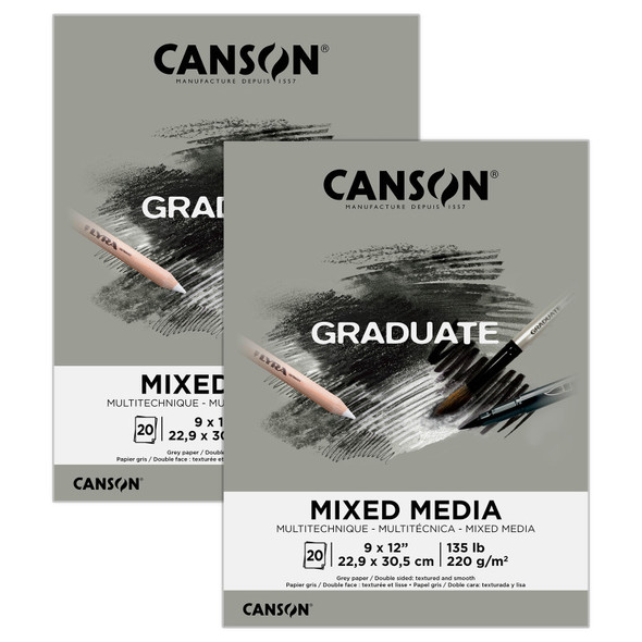 Graduate Toned Mixed Media Pad, Gray, 20 Sheets, 9 x 12 in, 2-Pack