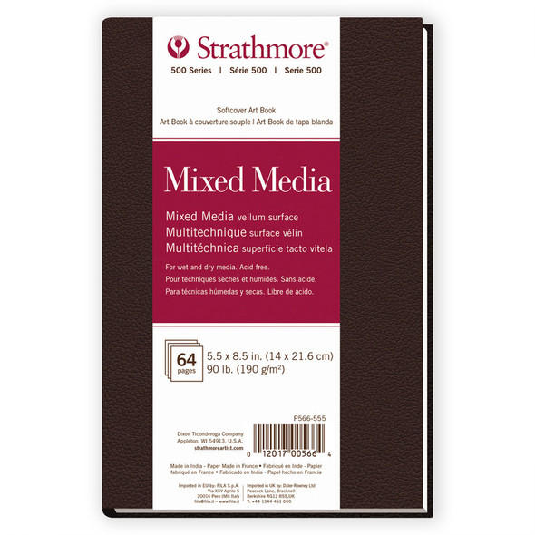 500 Series Mixed Media Paper Art Book, Matte Brown Soft Cover Binding, 32 Sheets, Natural White, 5.5x8.5 inch