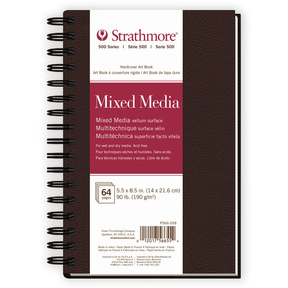 500 Series Mixed Media Paper Art Book, Matte Brown Cover, Side Wire Binding, 32 Sheets, Natural White, 5.5x8.5 inch