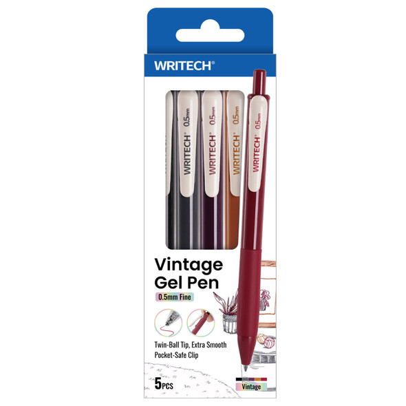 Vintage Color Retractable Gel Pens, Deep Tones, 0.5 mm, 5 Count