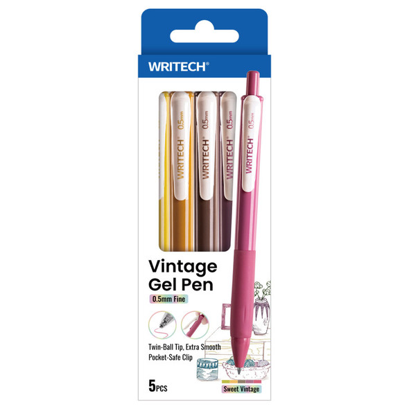 Vintage Color Retractable Gel Pens, Soft Earth Tones, 0.5 mm, 5 Count