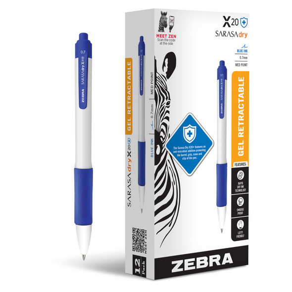 Sarasa Dry X20+ Antimicrobial Gel Retractable Pen, 0.7 mm, Blue, 12-Pack