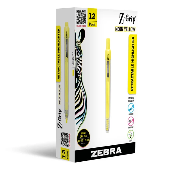 Z-Grip Retractable Highlighter, Neon yellow, 12-Pack