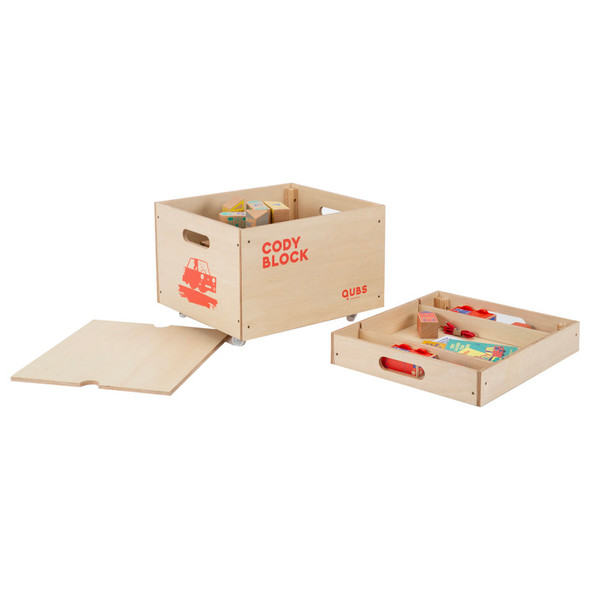 Wooden Rolling Storage Crate with Top Tray for Coding Cars, Blocks and Cables