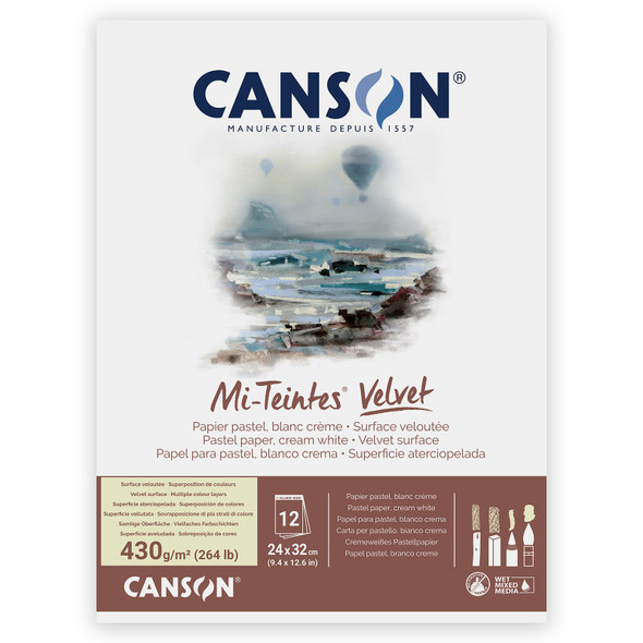 Mi-Teintes Velvet Drawing Paper Pad, Cream White, 260 lb/430 gsm, 12 Sheets, 9.4 x 12.6 in