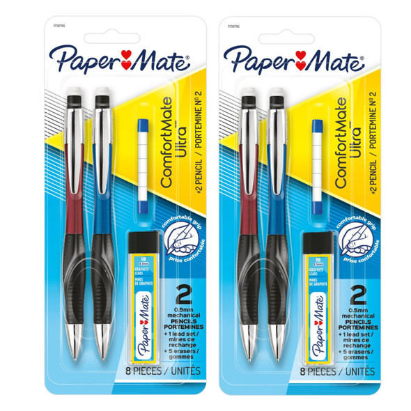 ComfortMate Ultra Mechanical Pencils, 0.5mm, HB #2, Assorted Colors, 2 Pack, 8 Count Total