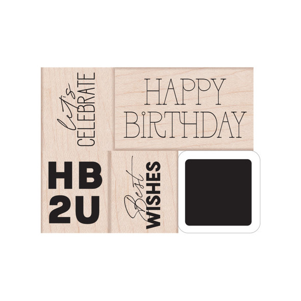 HB2U Woodblock Stamp and Ink Pad Set, 4 Stamps and 1 Ink Cube