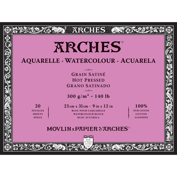 Aquarelle Watercolor Paper Block, Hot Press, Natural White, 140lb/300gsm, 20 Sheet, 9x12 inch, 1 Count