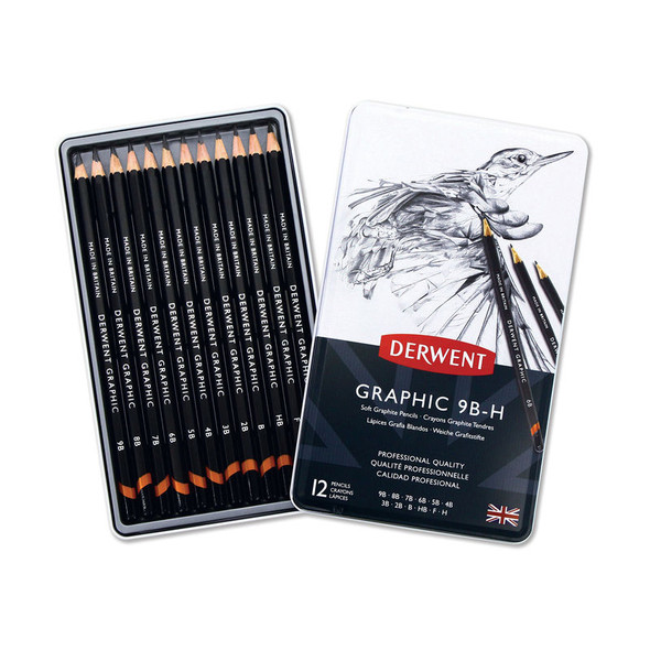 Graphic Soft Graphite Pencils, 12 Degrees in Metal Tin