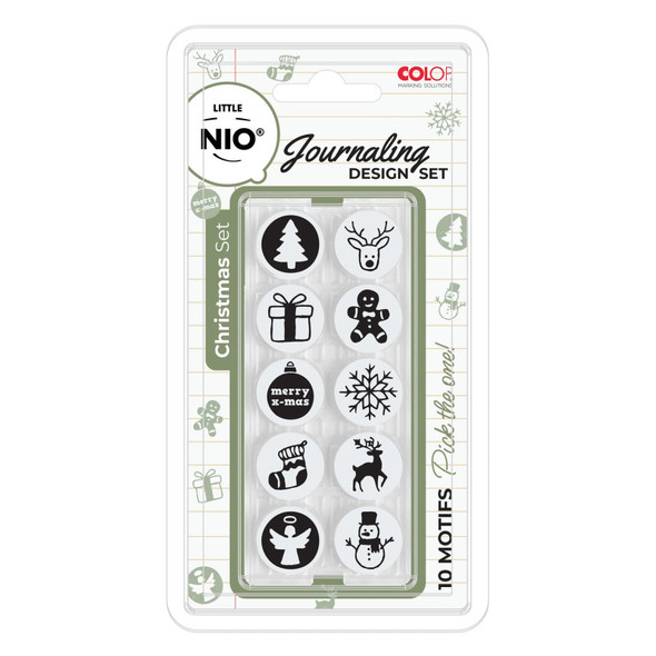 Little NIO Christmas Journaling Stamp Set, 10 Interchangeable Designs, 17 mm Round Imprint