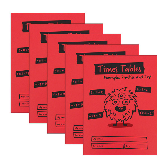 Little Monsters Times Tables Practice and Test Book, A5, 24 Pages, Red, 5-Pack