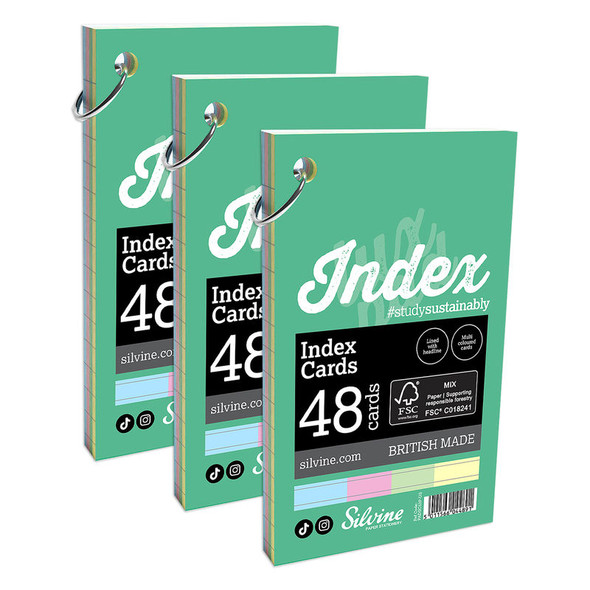 Ring-Bound Lined Index Cards, Portrait, 5 x 3 Inches, 4 Assorted Colors, 48 Cards, 3-Pack