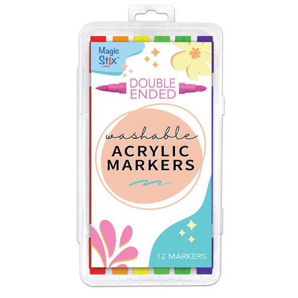 Dual-Tip Washable Acrylic Paint Markers for Multiple Surfaces, Assorted Colors, 12 Pack