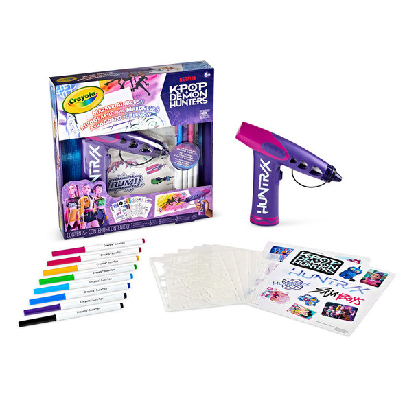 K-Pop Demon Hunters Marker Airbrush Sprayer Art Set with 8 Super Tips Markers, 6 Stencils, and 2 Sticker Sheets