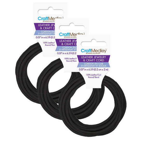 Round Leather Jewelry and Craft Cord, Black, 2 mm x 2 m, Set of 3