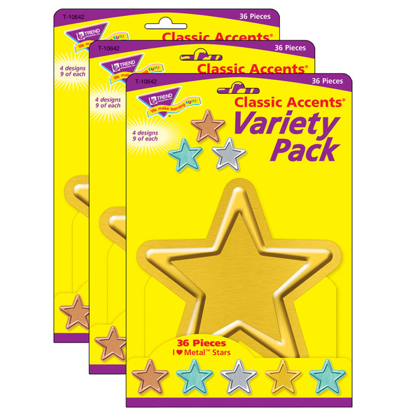 I ♥ Metal Stars Classic Accents Variety Pack, 36 Per Pack, 3 Packs
