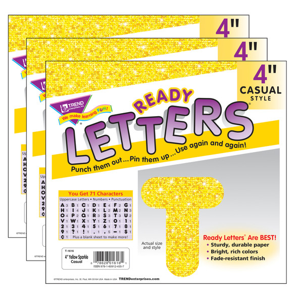 Yellow Sparkle 4" Casual Uppercase Ready Letters, 71 Per Pack, 3 Packs