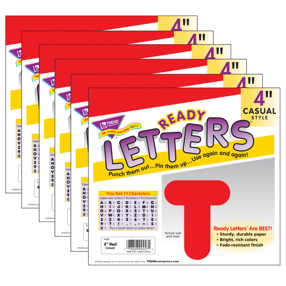 Red 4" Casual Uppercase Ready Letters, 6 Packs