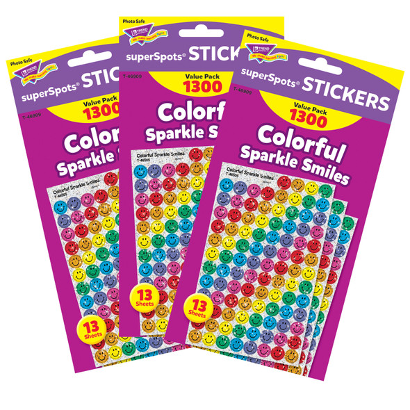 Colorful Sparkle Smiles superSpots Value Pack, 1300 Per Pack, 3 Packs - T-46909BN