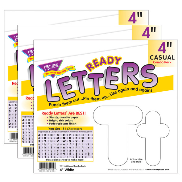 White 4-Inch Casual Uppercase/Lowercase Combo Pack Ready Letters, 182 Per Pack, 3 Packs