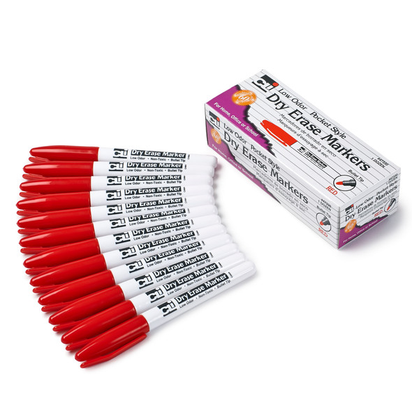Dry Erase Markers, Pocket Style, Red, Bullet Tip, Pack of 12