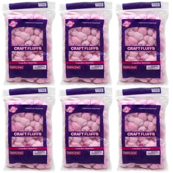 Triple Size Craft Fluffs, Pink, Approx. 1", 100 Pieces Per Pack, 6 Packs