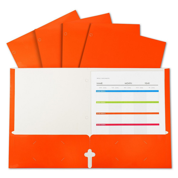 2-Pocket Laminated Paper Portfolios with 3-Hole Punch, Orange, Box of 25