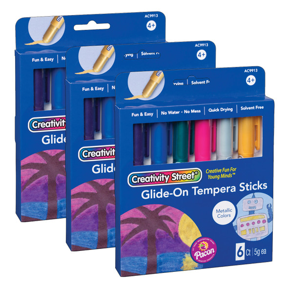 Glide-On Tempera Paint Sticks, Metallic Colors, 5 grams, 6 Per Pack, 3 Packs