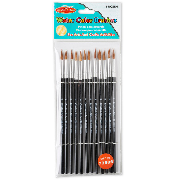 Water Color Paint Brushes with Round Pointed Tip, # 6, 11/16", Camel Hair, Black Handle, Pack of 12
