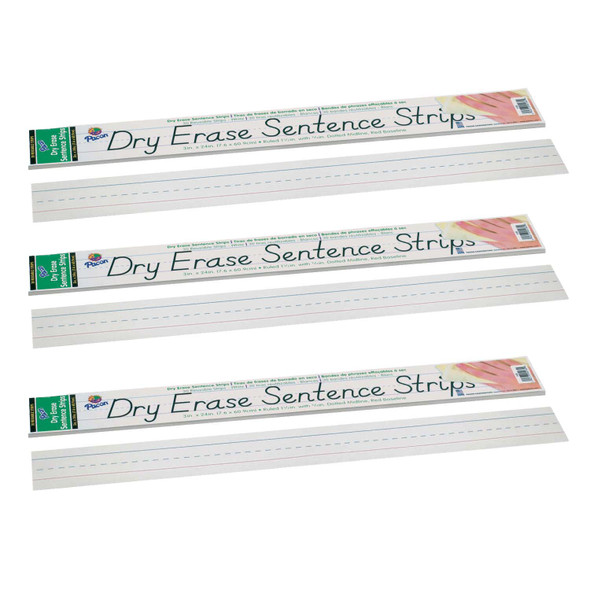 Dry Erase Sentence Strips, White, 1-1/2" X 3/4" Ruled, 3" x 24", 30 Per Pack, 3 Packs