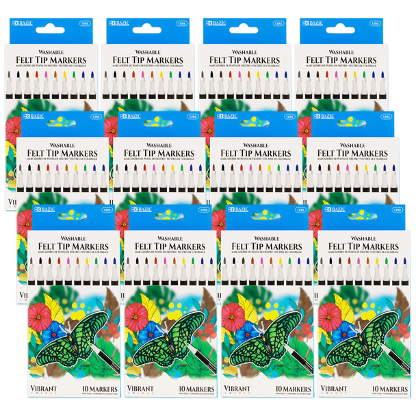 Felt Tip Washable Markers, 10 Colors, 10 Per pack, 12 Packs - BAZ1292-12
