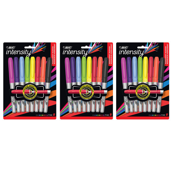 Intensity Permanent Marker, Fine Point, Assorted Colors, 8 Per Pack, 3 Packs - BICGPMAP81-3