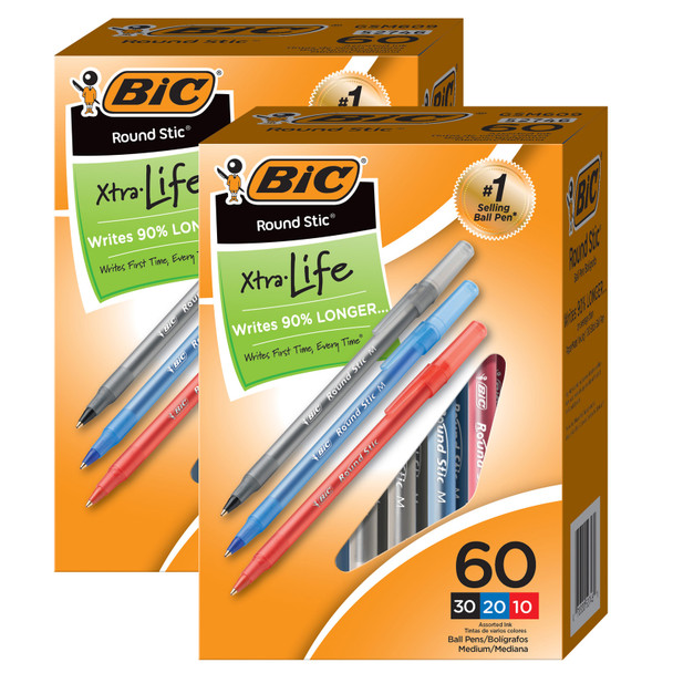 Round Stic Xtra Life Ballpoint Pen, Medium Point (1.0mm), Assorted, 60 Per Box, 2 Boxes - BICGSM609AST-2