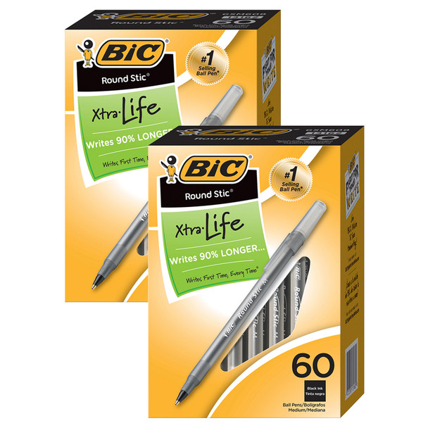 Round Stic Xtra Life Ball Pen, Black, 60 Per Pack, 2 Packs - BICGSM609BK-2