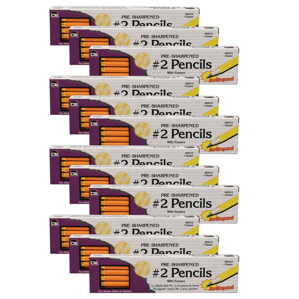 No. 2 Pencil with Eraser, Pre-Sharpened, Yellow, 12 Per Pack, 12 Packs - CHL65512-12