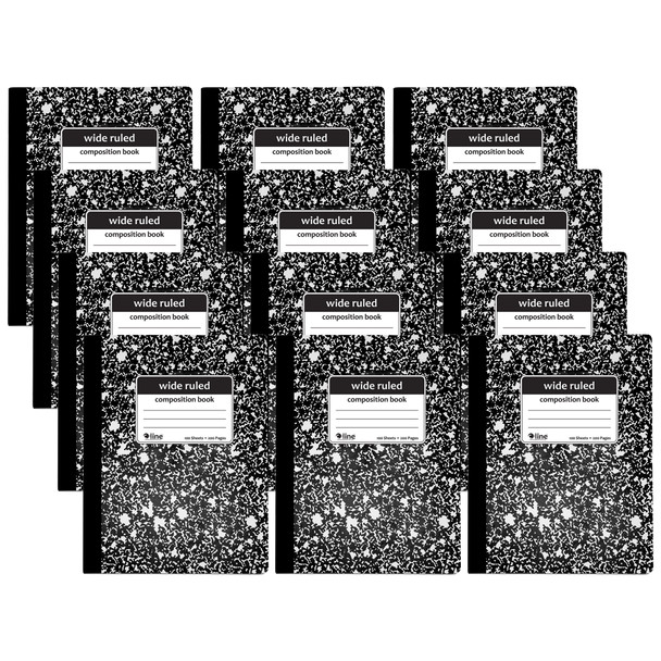 Composition Notebook, 100 Page, Wide Ruled, Black Marble, Pack of 12 - CLI22024-12