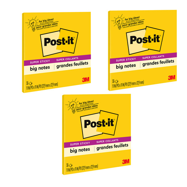 Super Sticky Big Note, 11 in. x 11 in., Yellow, 30 Sheets/Pad, Pack of 3 - MMMBN11-3