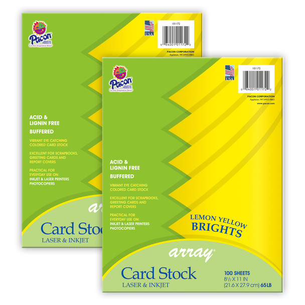 Card Stock, Lemon Yellow, 8-1/2" x 11", 100 Sheets Per Pack, 2 Packs - PAC101172-2