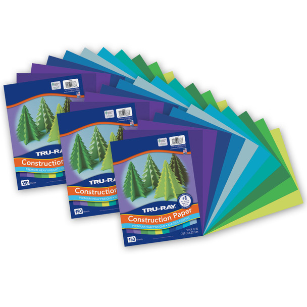 Construction Paper, Cool Assorted, 9" x 12", 150 Sheets Per Pack, 3 Packs - PAC6687-3