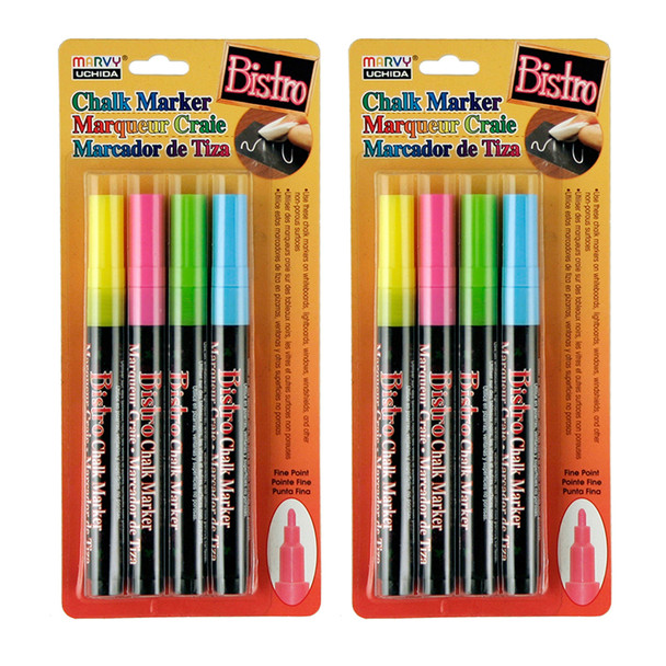 Chalk Marker Set, Fine Tip, Assorted Fluorescent Colors, 4 Per Set, 2 Sets - UCH4824A-2 - 006500