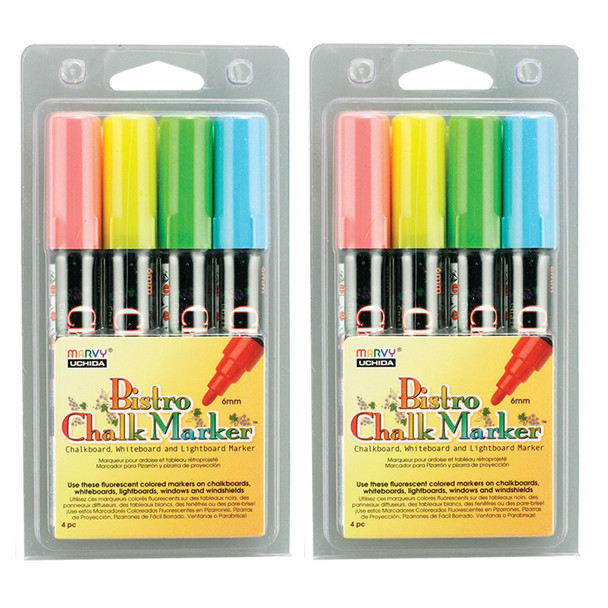 Chalk Marker Set, Broad Point, Assorted Fluorescent Colors, 4 Per Set, 2 Sets - UCH4804A-2
